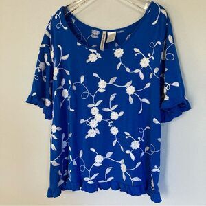 Liv Los Angeles Embroidered Top Royal Blue White Boho Floral Ruffle Trim Size XL